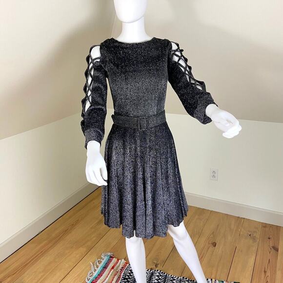 Vintage 60s 70s Metallic Lurex Skater Mini Dress Disco Cutout Sleeves XSmall XS - Picture 4 of 11